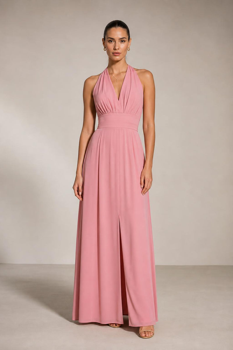 Vestido largo halter con escote en V y abertura en color rosa